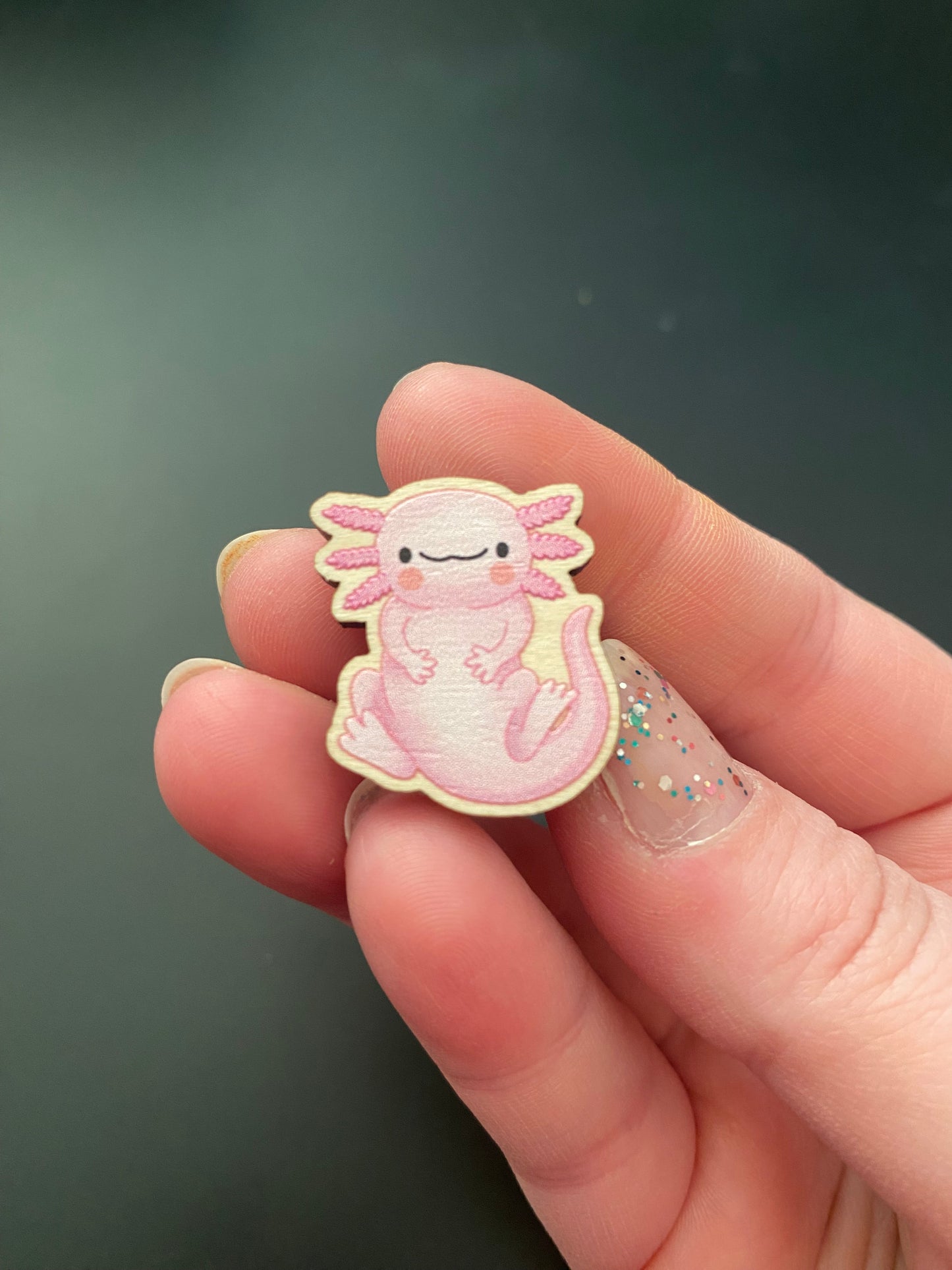 I Love Axolotls wooden pin