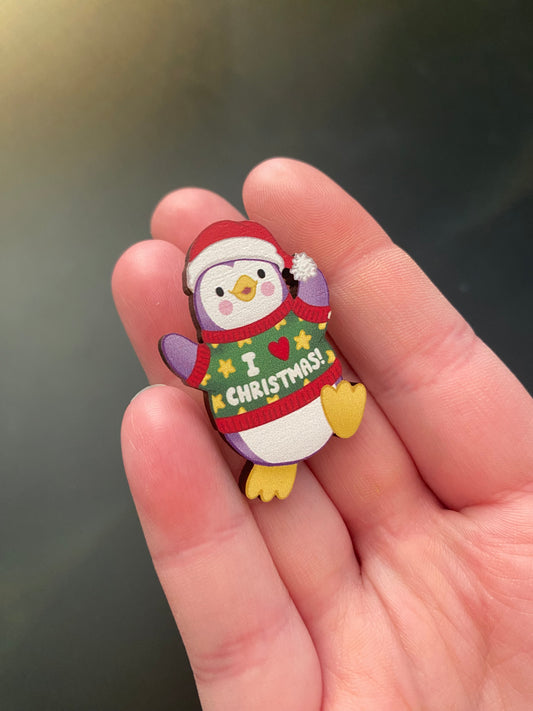 Christmas Lover Penguin wooden pin