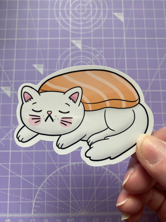 Salmon Sushi Cat vinyl sticker (large)