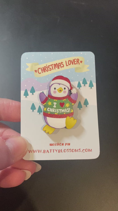Christmas Lover Penguin wooden pin