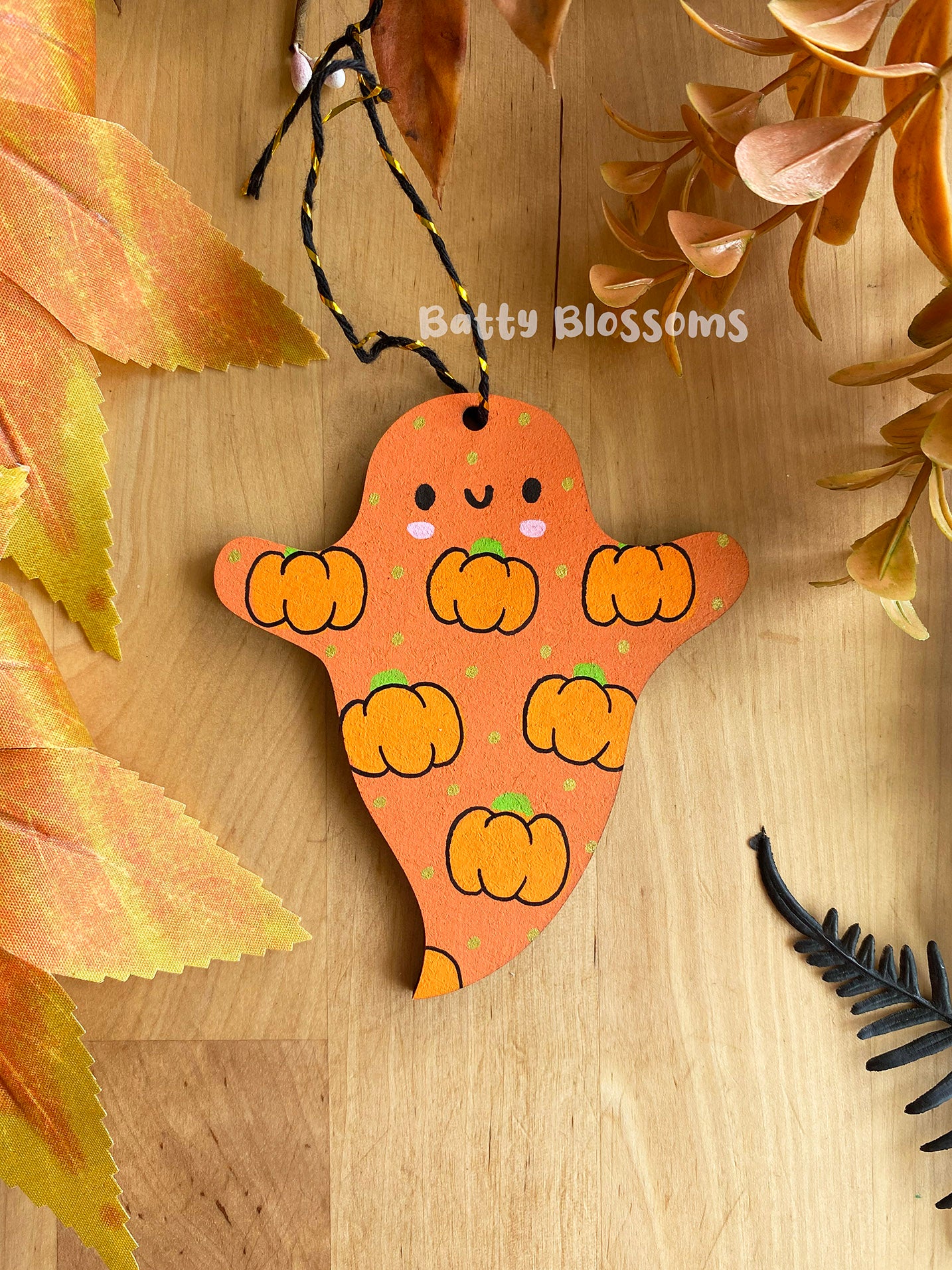 Orange pumpkin wooden ghost decoration
