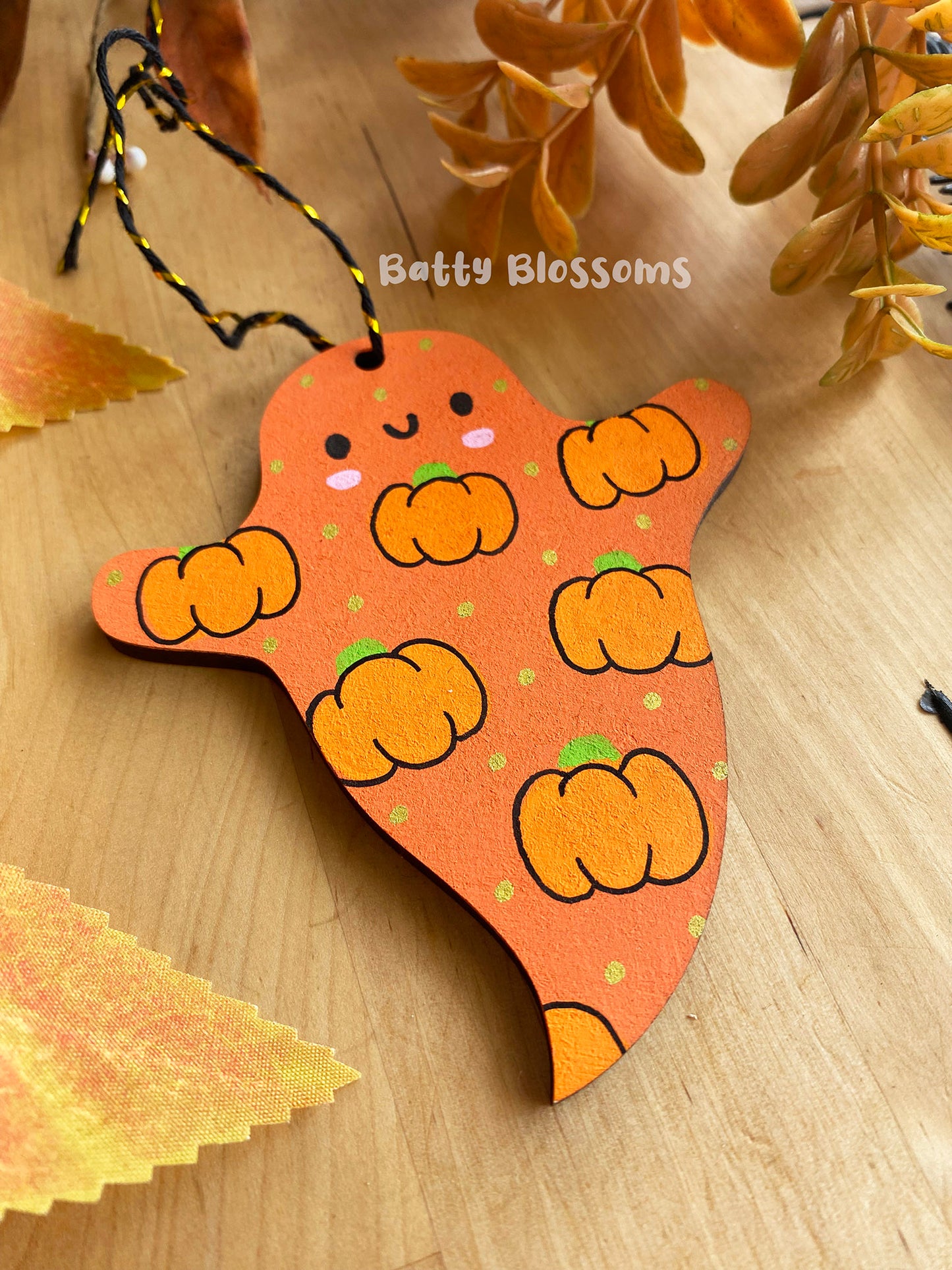 Orange pumpkin wooden ghost decoration