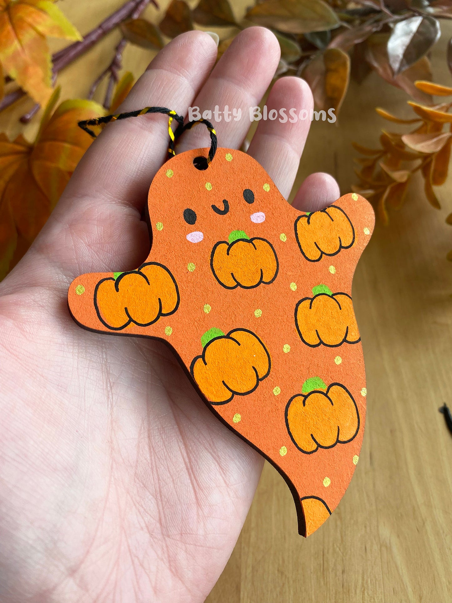 Orange pumpkin wooden ghost decoration