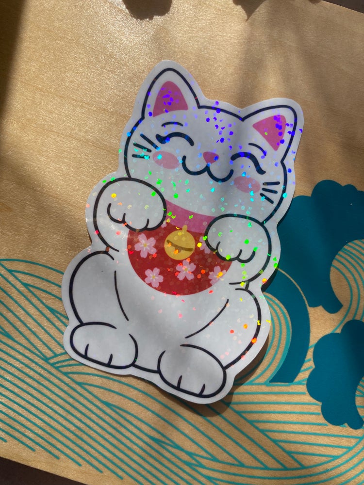 Holographic Lucky cat holographic vinyl sticker (large)