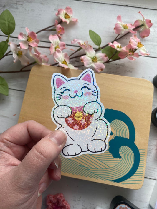 Holographic Lucky cat holographic vinyl sticker (large)