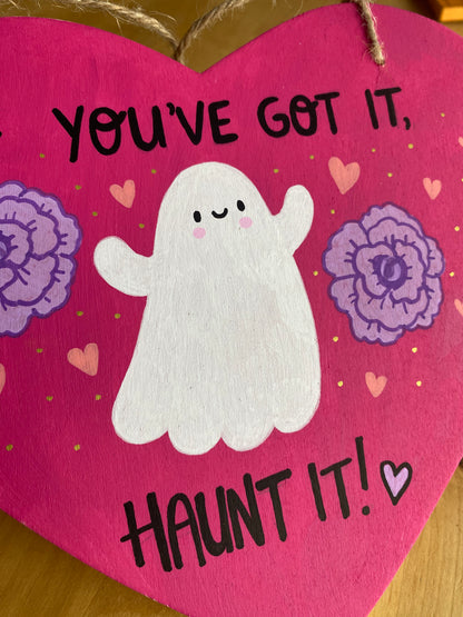 Haunt It ghost wooden heart painting