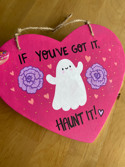 Haunt It ghost wooden heart painting