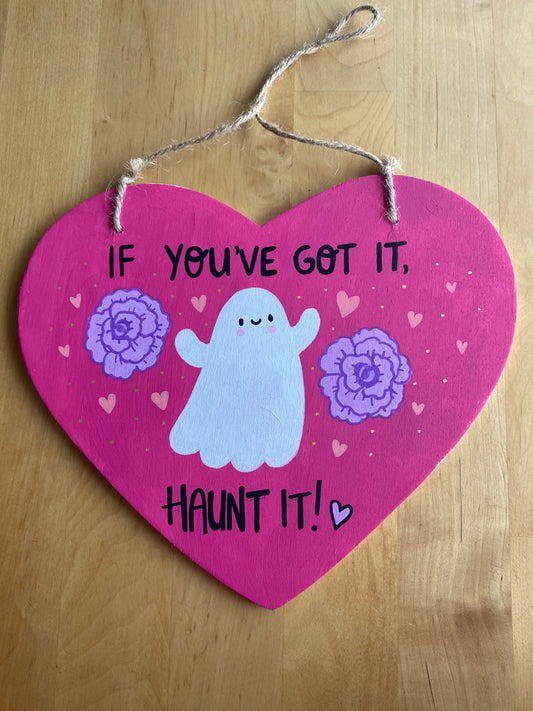 Haunt It ghost wooden heart painting